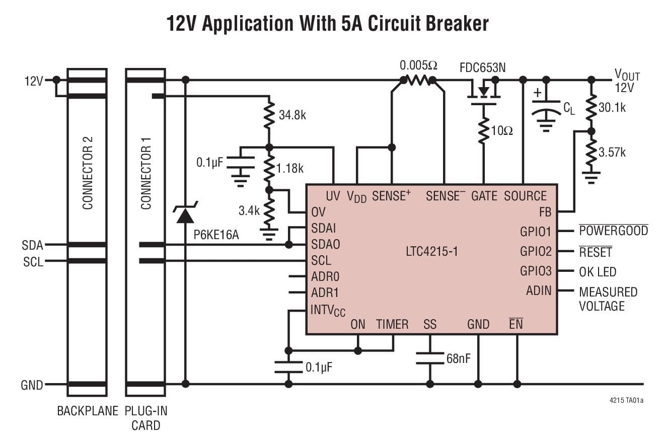 Typical Application for the LTC4215-1 and LTC4215-3 Hot-Swap Controllers with I2C Compatible Monitoring