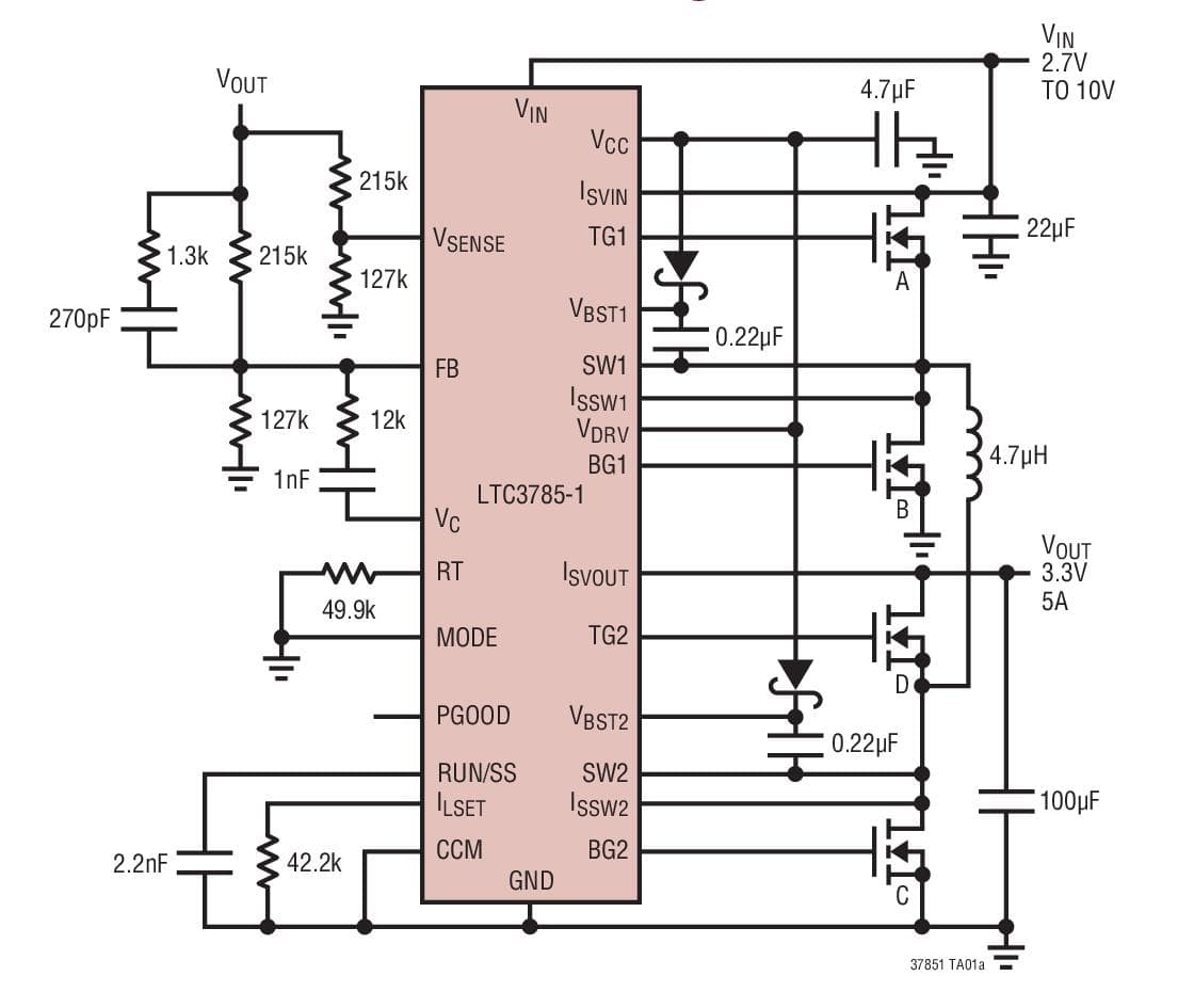 Typical Application for LTC3785-1 - 10V, High Efficiency, Buck-Boost Controller with Power Good