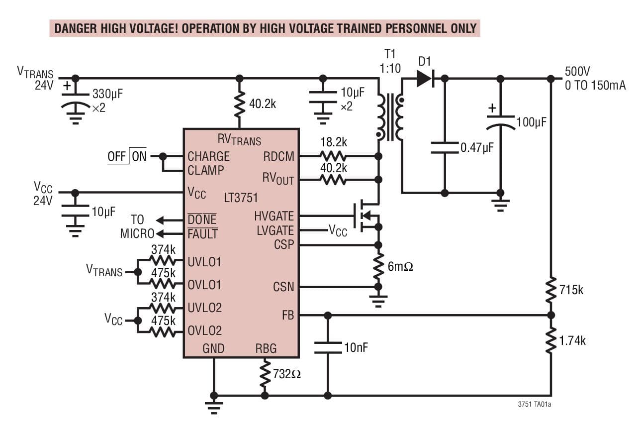 Typical Application for LT3751 - High Voltage Capacitor Charger Controller with Regulation