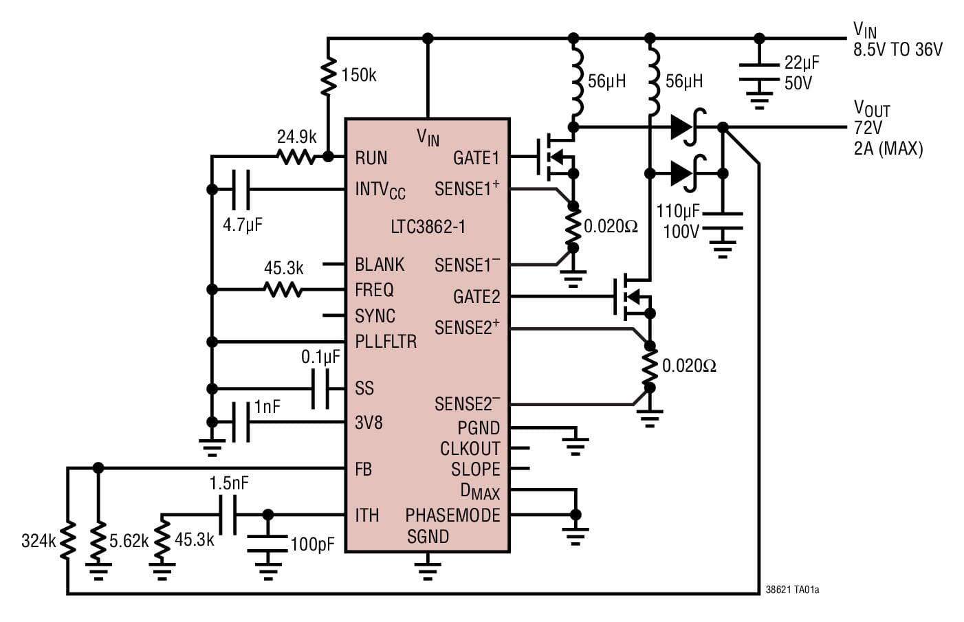 Typical Application for LTC3862-1 - Multi-Phase Current Mode Step-Up DC/DC Controller