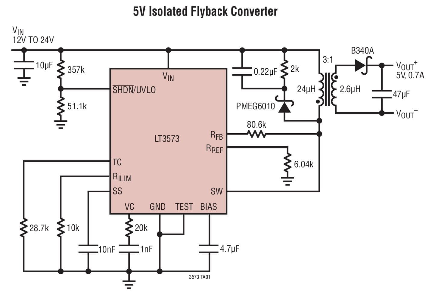 Typical Application for LT3573 - Isolated Flyback Converter without an Optocoupler