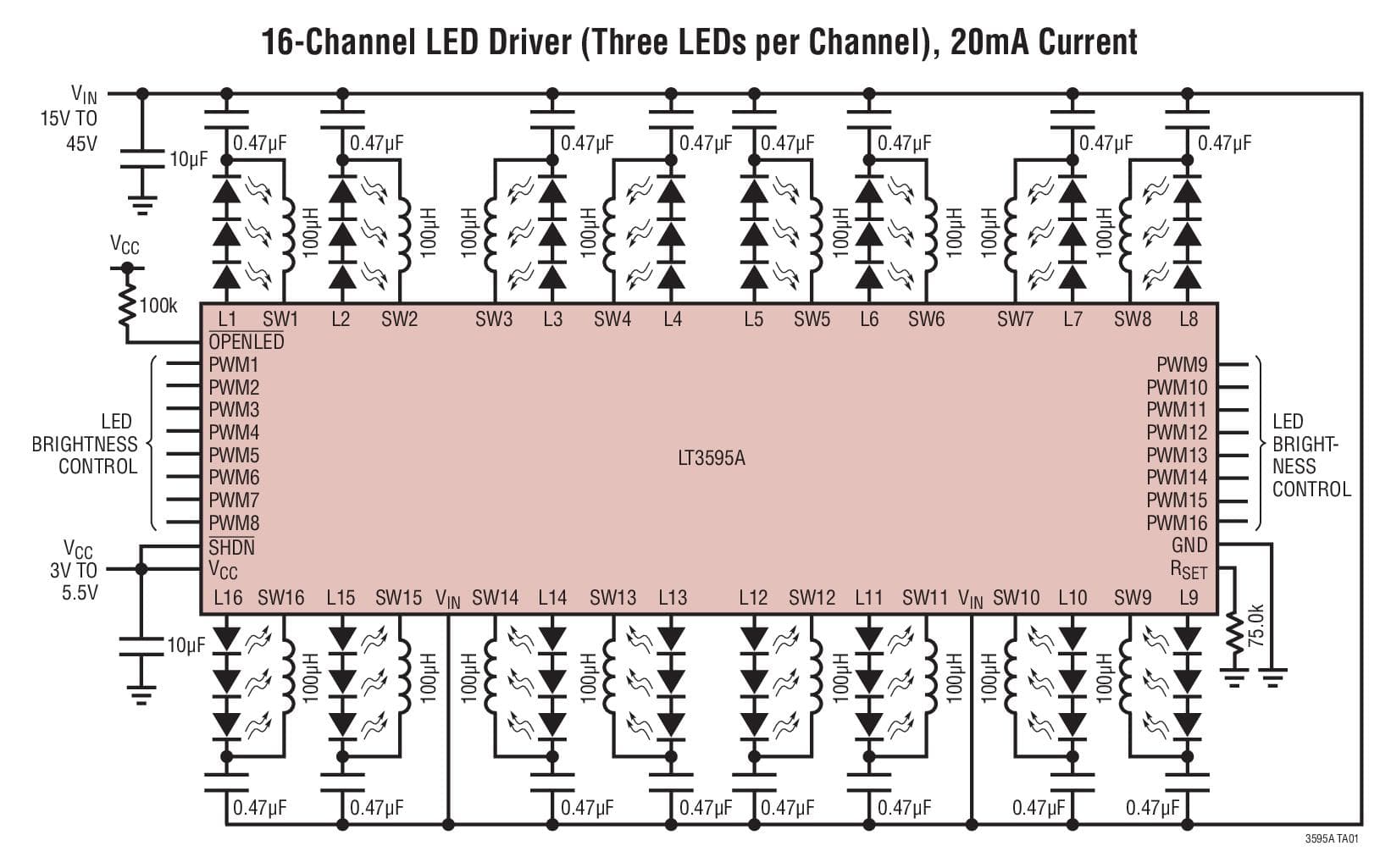 Typical Application for LT3595A 16 Channel Buck Mode LED Driver