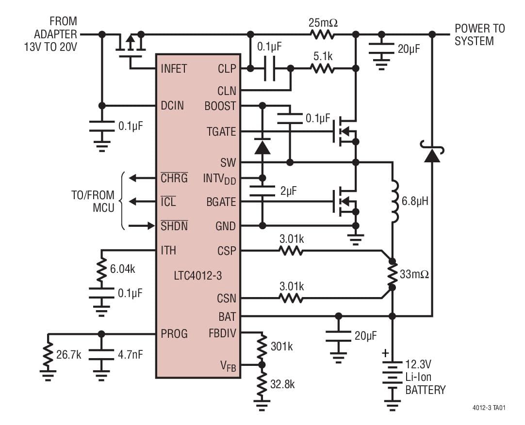 Typical Application for LTC4012-3 - High Efficiency, Multi-Chemistry Battery Charger with PowerPath Control