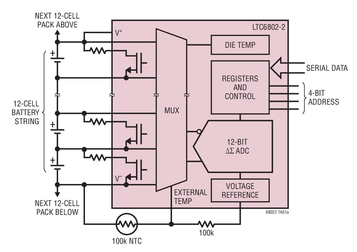 Typical Application for LTC6802-2 - multi-cell Addressable Battery Stack Monitor