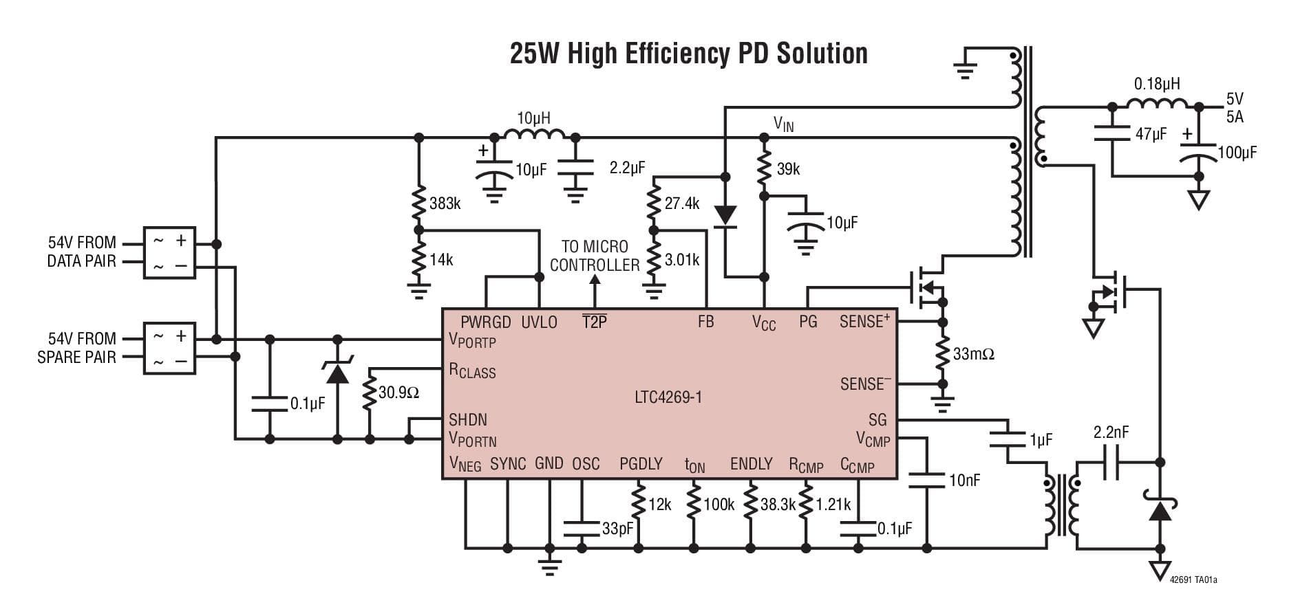 Typical Application for LTC4269-1 - IEEE 802.3at PD with Synchronous No-Opto Flyback Controller