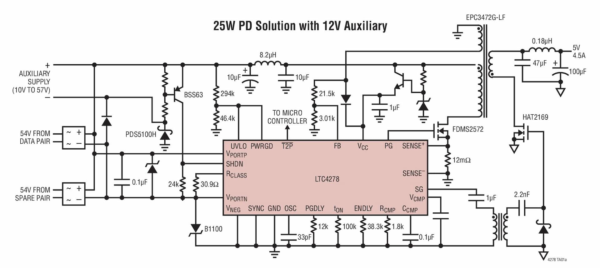 Typical Application for LTC4278 - IEEE 802.3at PD with Synchronous No-Opto Flyback Controller and 12V Aux Support