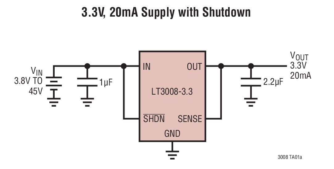 Typical Application for LT3008 Series - 3 uA IQ, 20mA, 45V Low Dropout Linear Regulators