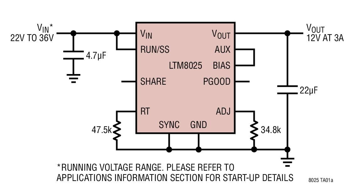 Typical Application for LTM8025 - 36V, 3A Step-Down module Converter