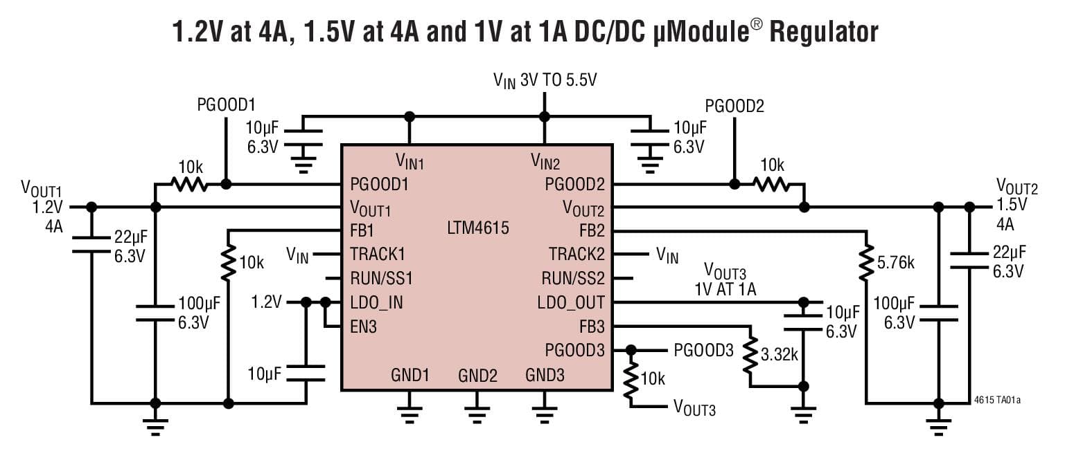 Typical Application for LTM4615 - Triple Output, Low Voltage DC/DC module Regulator