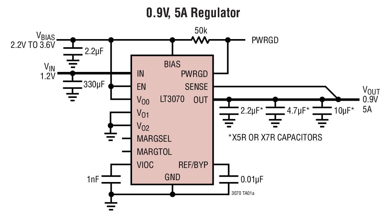 Typical Application for LT3070 - 5A, Low Noise, Programmable Output, 85mV Dropout Linear Regulator