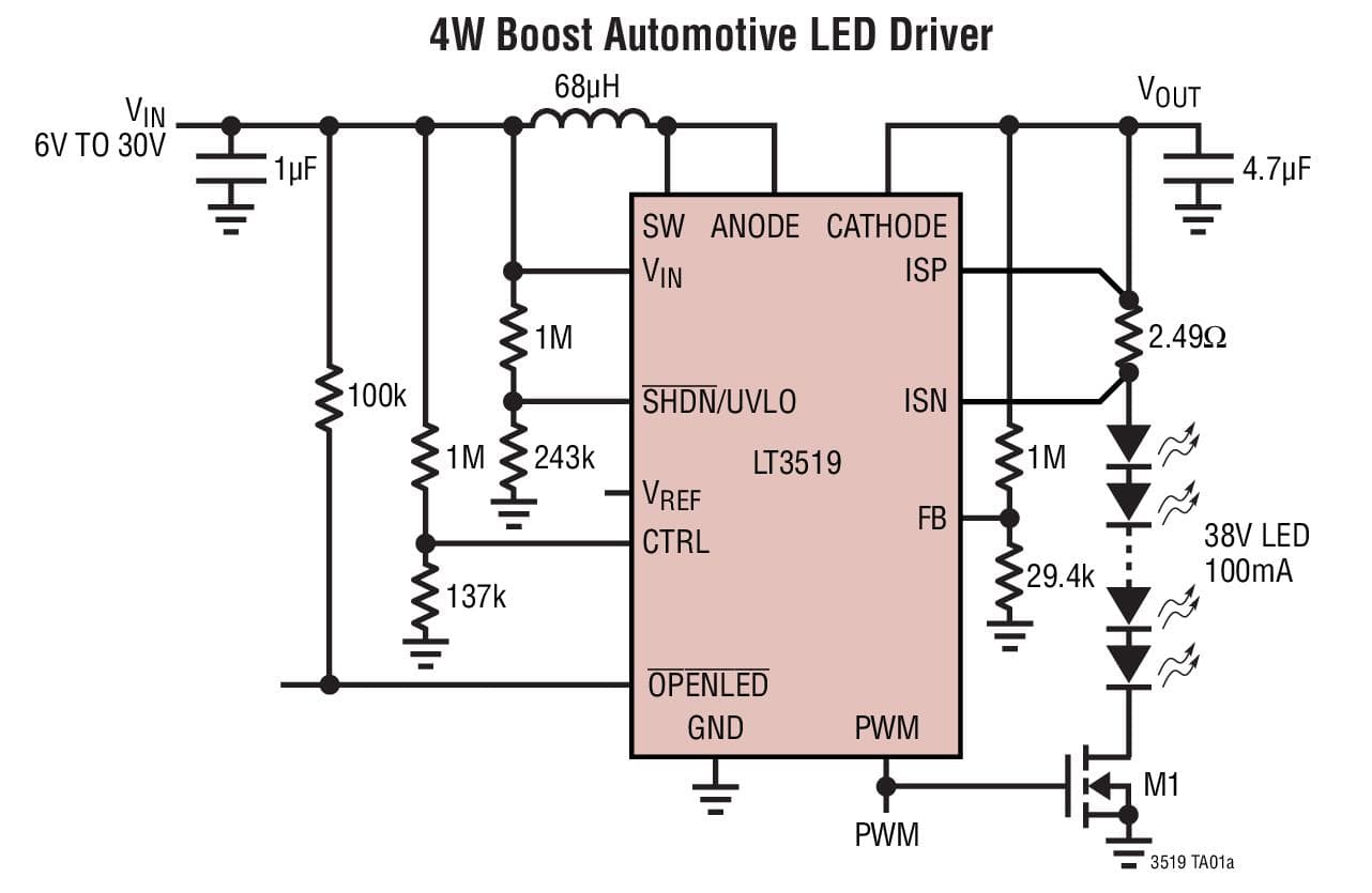 Typical Application for LT3519/LT3519-1/LT3519-2 LED Driver with Integrated Schottky Diode