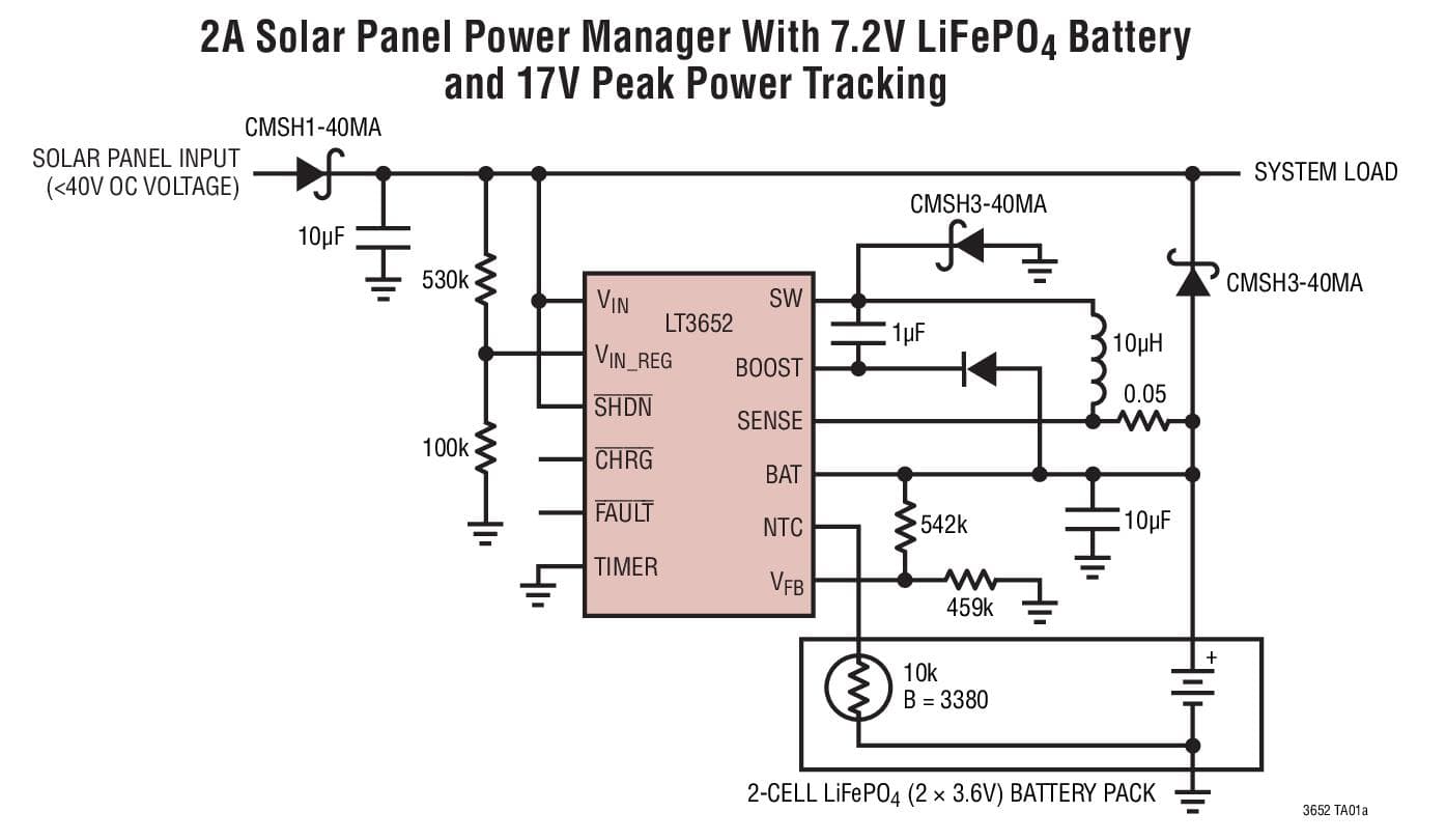 Typical Application for LT3652 - Power Tracking 2A Battery Charger for Solar Power