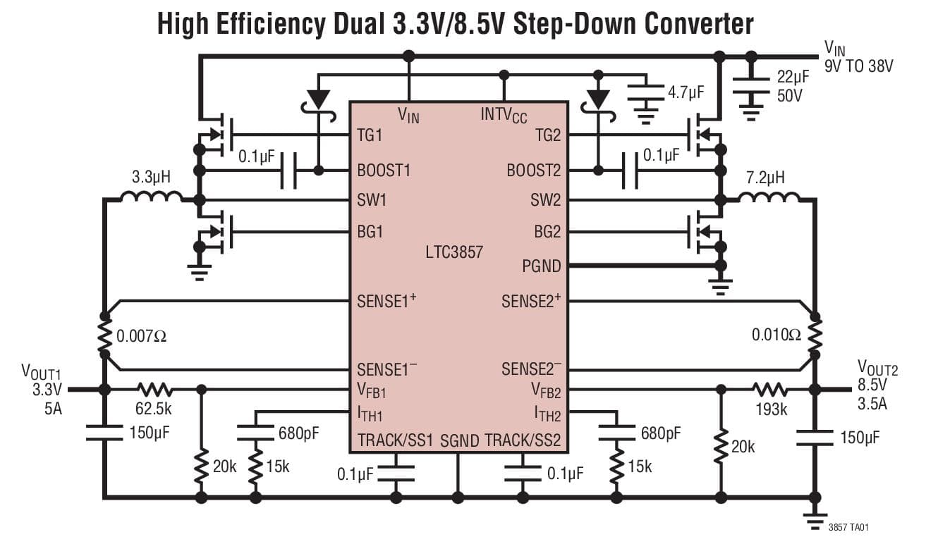 Typical Application for LTC3857 - Low IQ, Dual, 2-Phase Synchronous Step-Down Controller