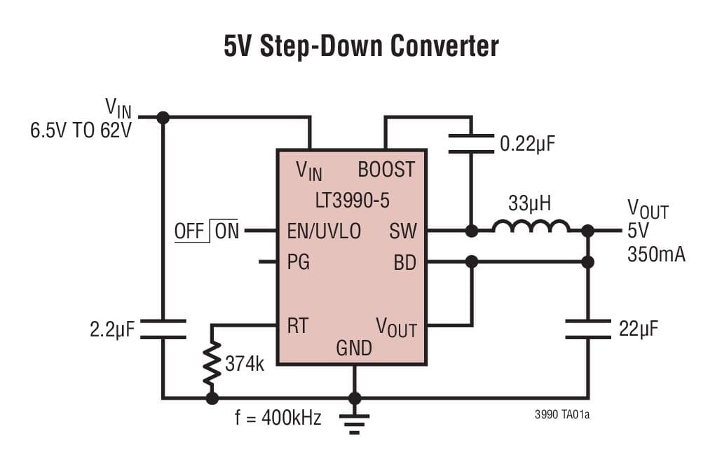 Typical Application for LT3990 - 62V, 350mA Step-Down Regulator with 2.5 uA Quiescent Current and Integrated Diodes