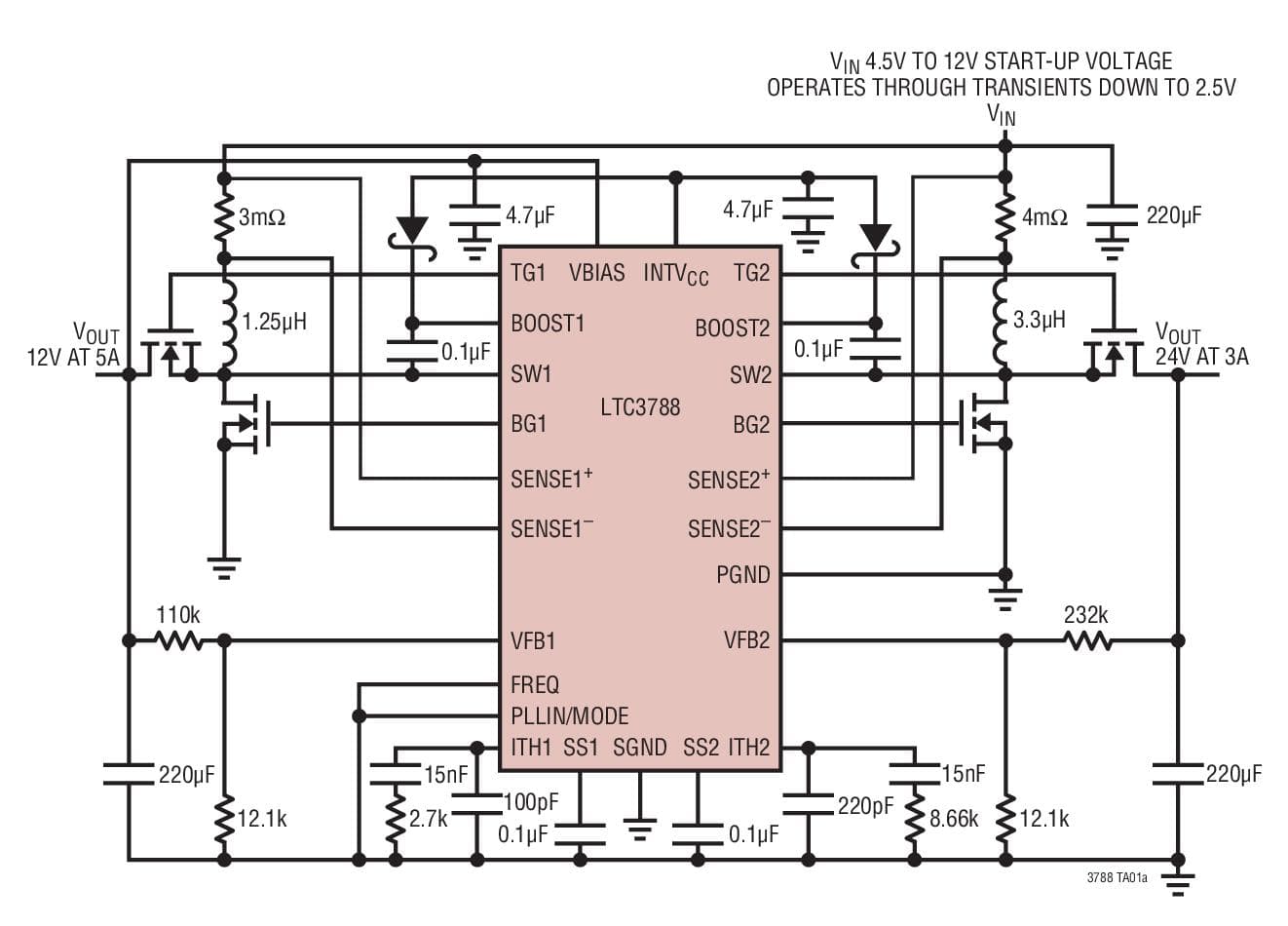 Typical Application for LTC3788 - 2-Phase, Dual Output Synchronous Boost Controller