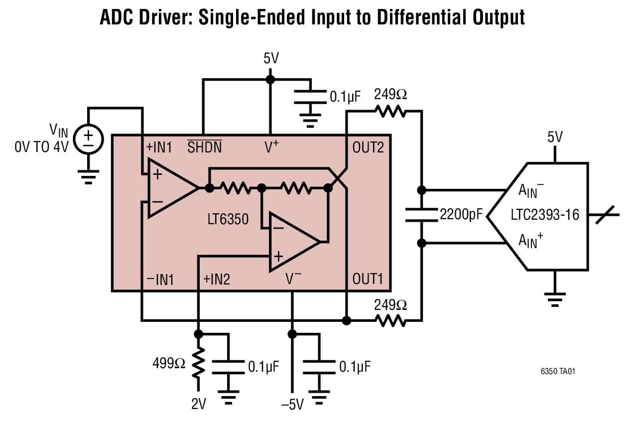 Typical Application for LT6350 - Low Noise Single-Ended to Differential Converter/ADC Driver