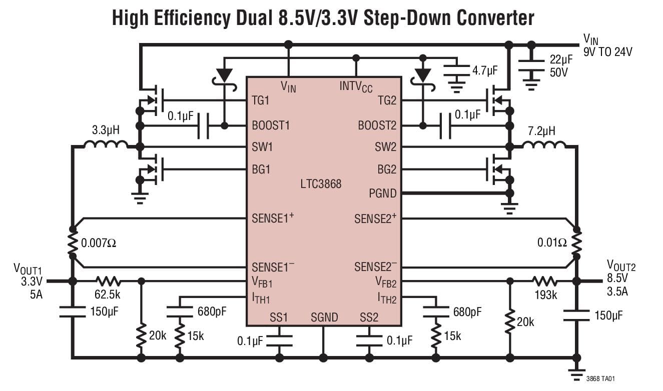 Typical Application for LTC3868 - Low IQ, Dual 2-Phase Synchronous Step-Down Controller