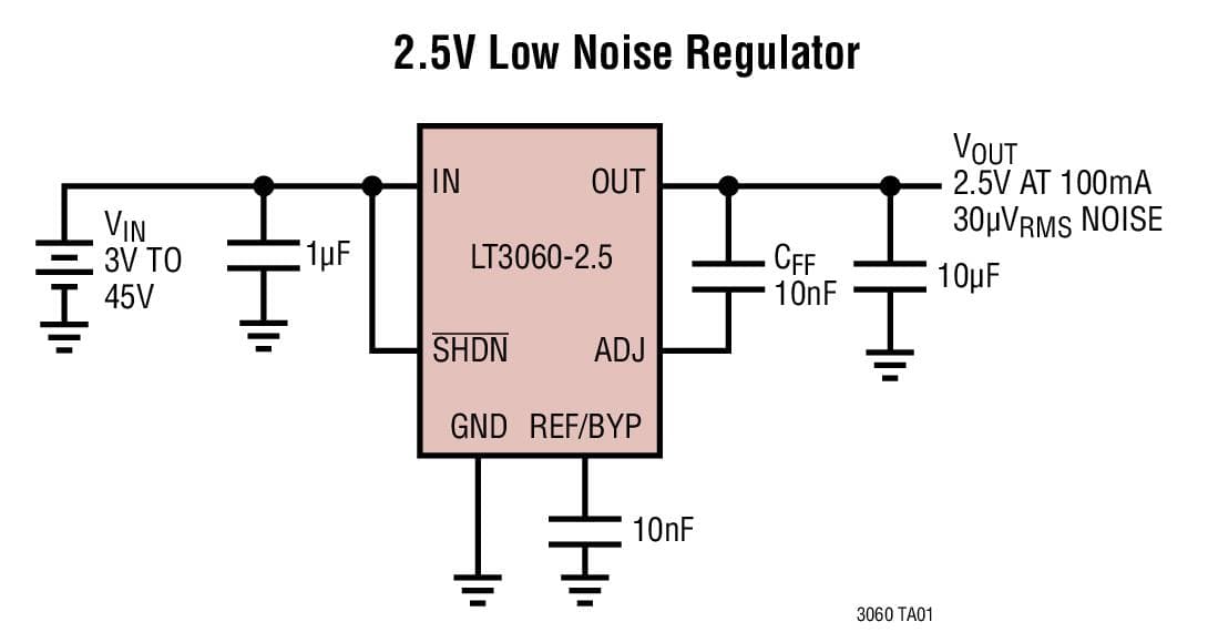 Typical Application for LT3060 - 45V VIN, Micro-power, Low Noise, 100mA Low Dropout, Linear Regulator