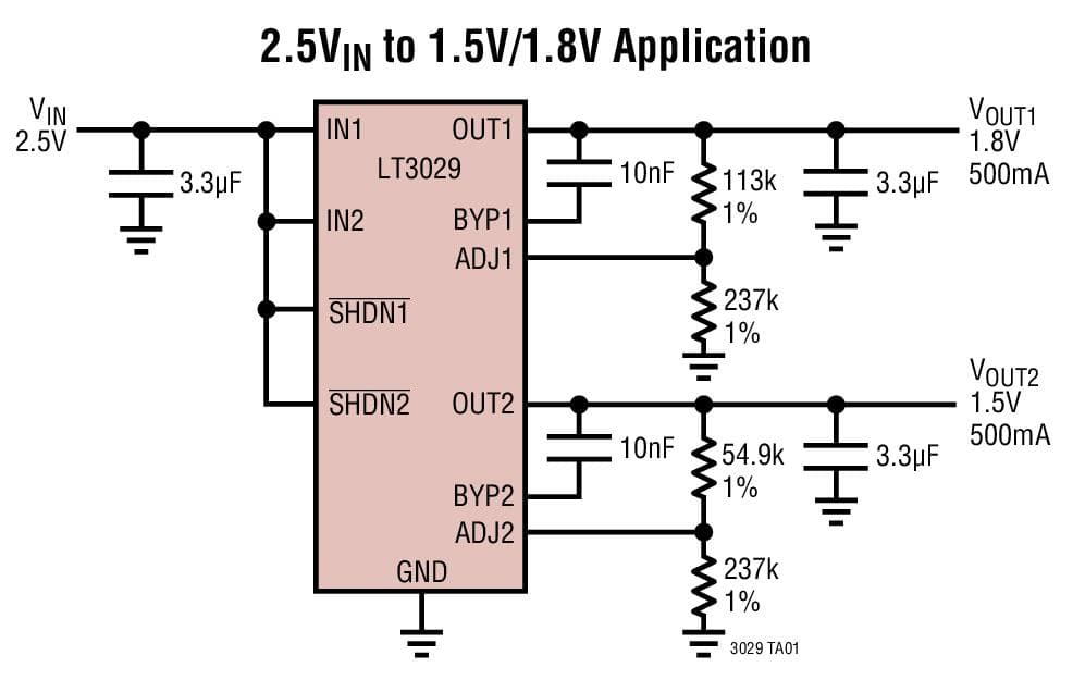 Typical Application for LT3029 - Dual 500mA/500mA Low Dropout, Low Noise, Micro-power Linear Regulator