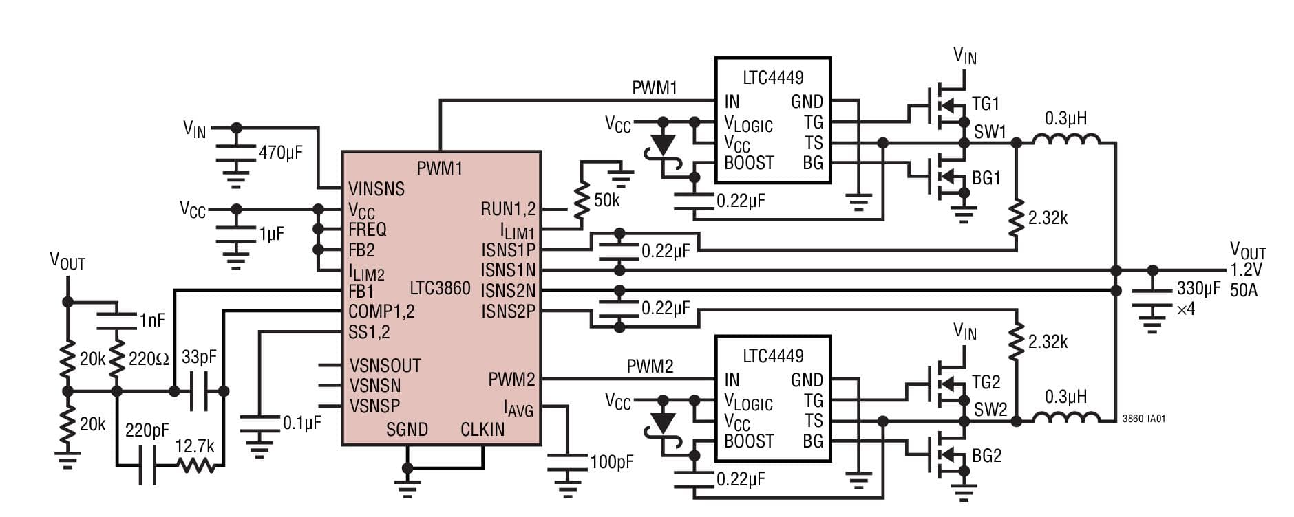 Typical Application for LTC3860 - Dual, Multiphase Step-Down Voltage Mode DC/DC Controller with Current Sharing