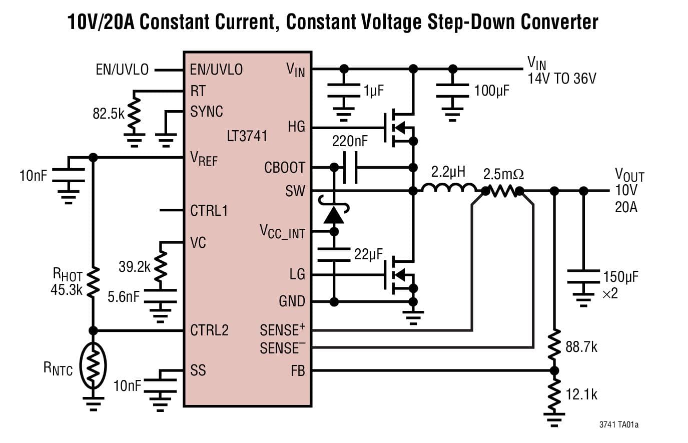 Typical Application for LT3741/LT3741-1 - High Power, Constant Current, Constant Voltage, Step-Down Controller