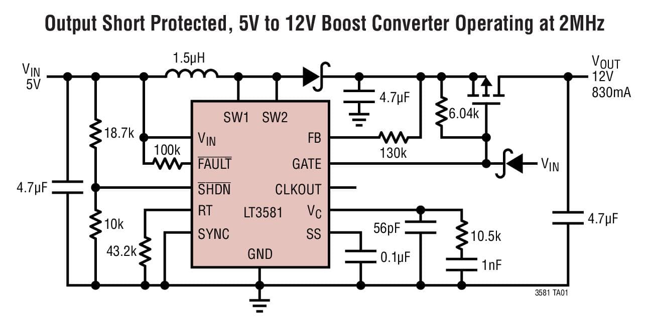 Typical Application for LT3581 - 3.3A Boost/Inverting DC/DC Converter with Fault Protection