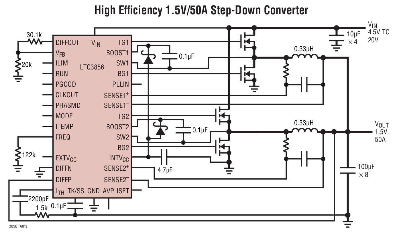 Typical Application for LTC3856 - 2-Phase Synchronous Step-Down DC/DC Controller with Diffamp