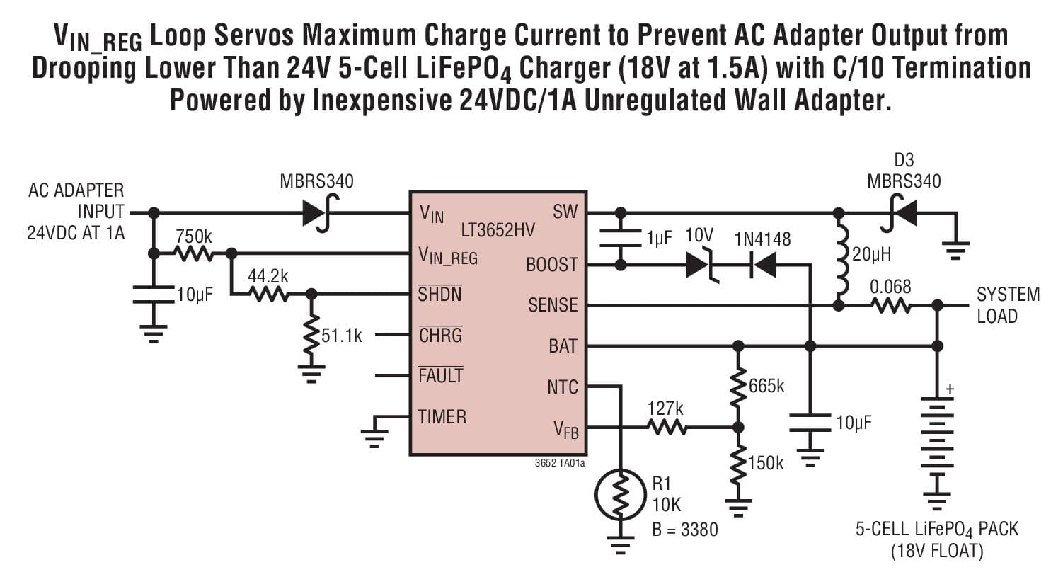 Typical Application for LT3652HV - Power Tracking 2A Battery Charger