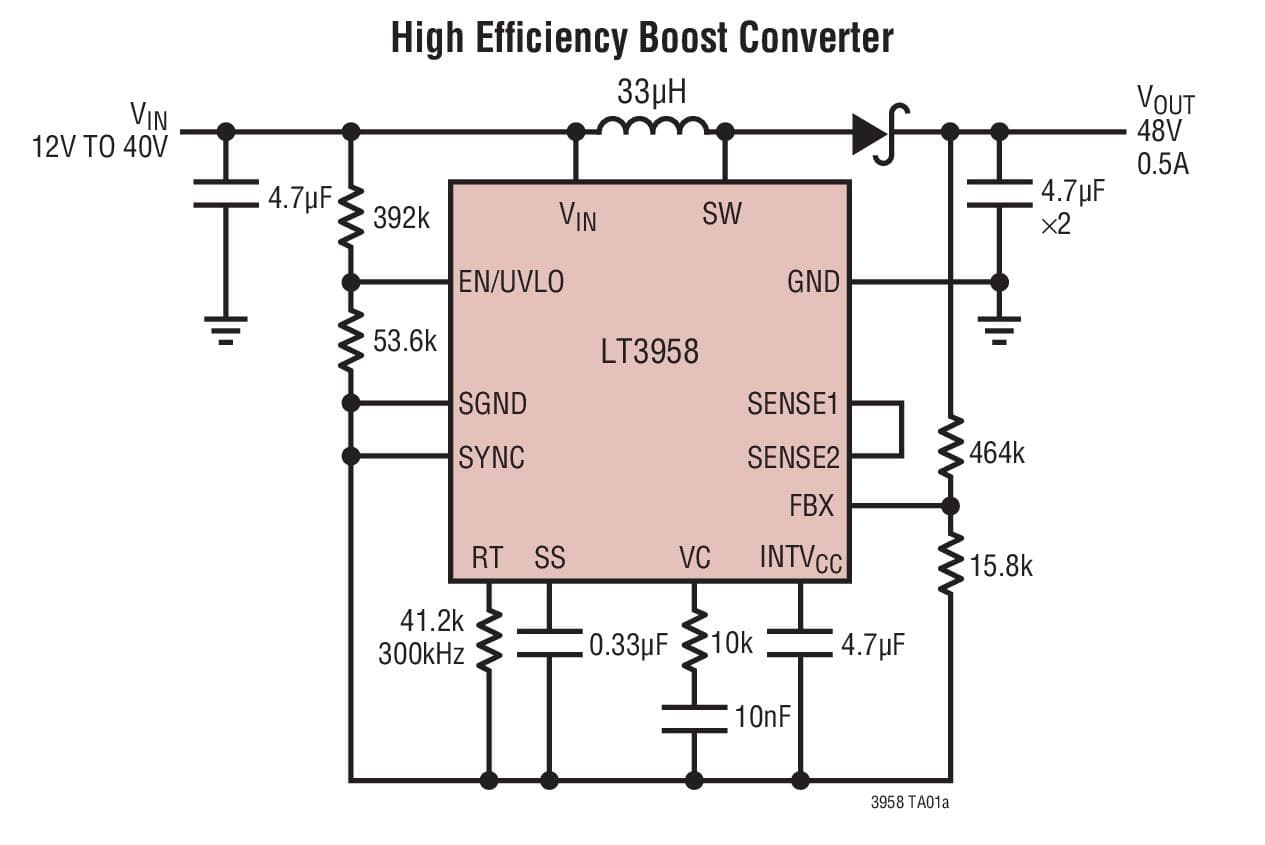 Typical Application for LT3958 - High Input Voltage, Boost, Flyback, SEPIC and Inverting Converter