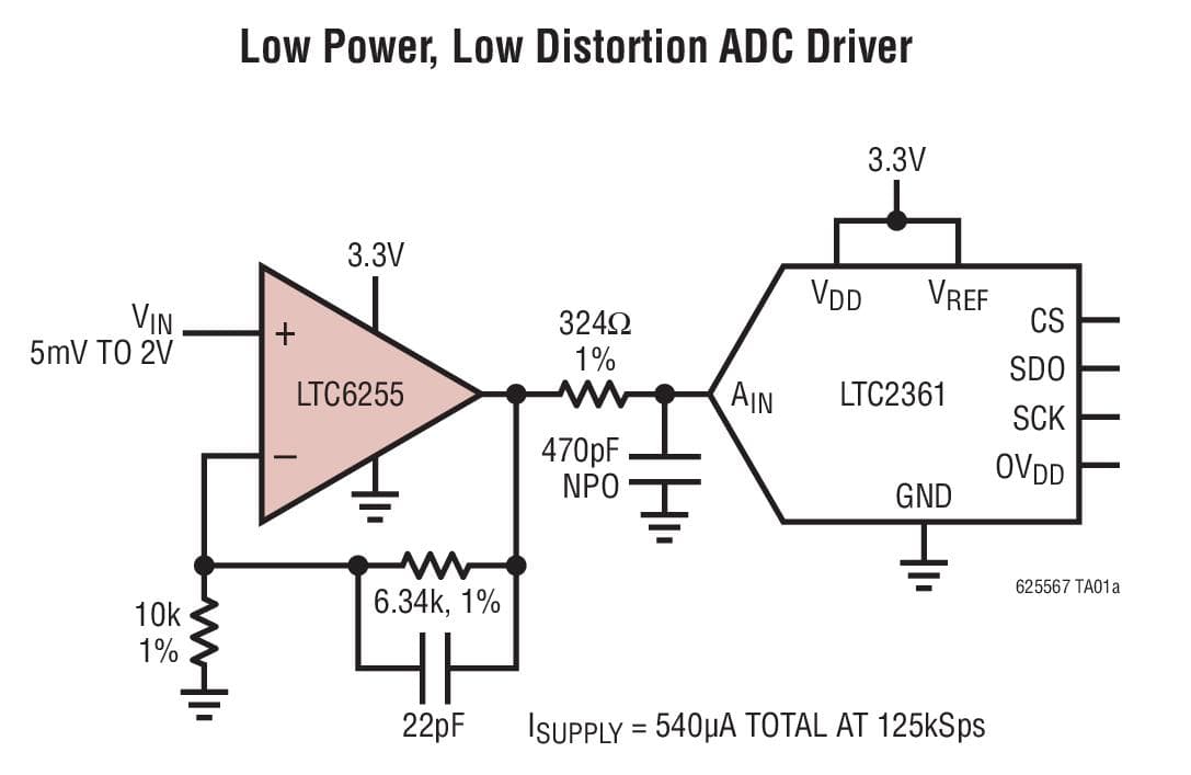 Typical Application for LTC6255 - 6.5MHz, 65 uA Power Efficient Rail-to-Rail I/O Op-Amps