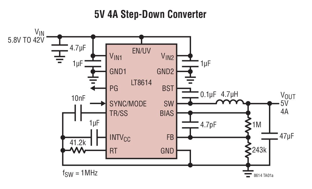 Typical Application for LT8614 42V, 4A Synchronous Step-Down Silent Switcher with 2.5 uA Quiescent Current