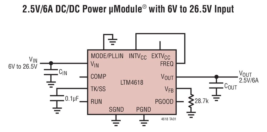 Typical Application for LTM4618 - 6A DC/DC module Regulator with Tracking and Frequency Synchronization