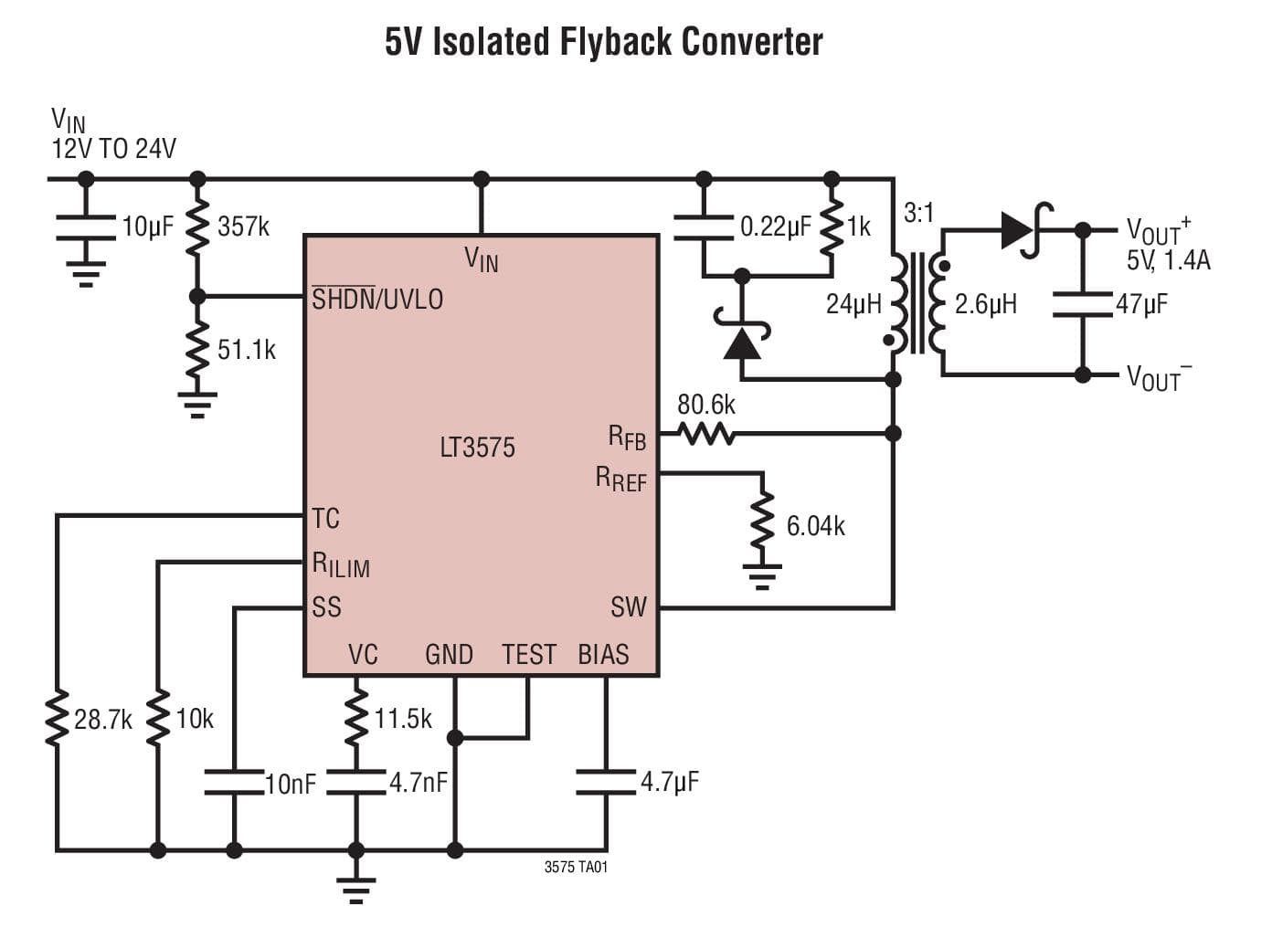 Typical Application for LT3575 - Isolated Flyback Converter without an Optocoupler