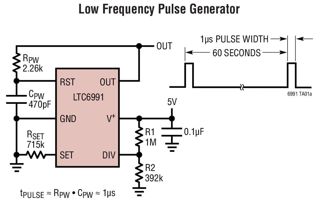 Typical Application for LTC6991 TimerBlox: Resettable, Low Frequency Oscillator