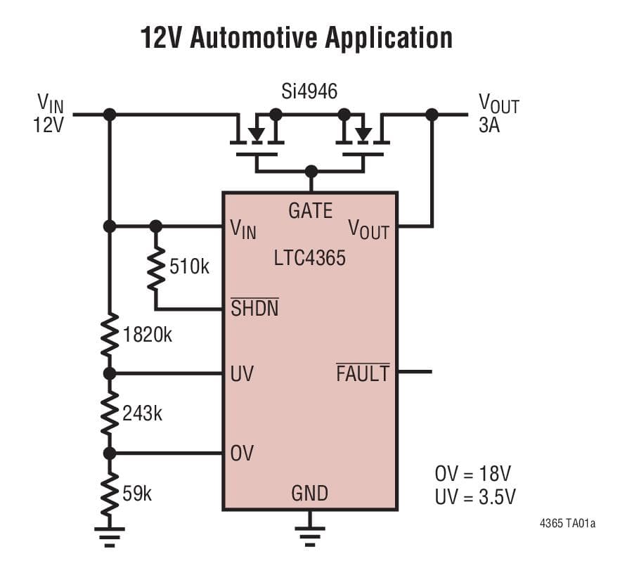 Typical Application for LTC4365 - Overvoltage, Under voltage and Reverse Supply Protection Controller