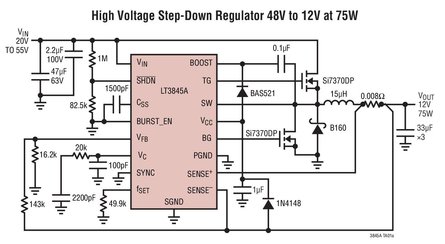 Typical Application for LT3845A - High Voltage Synchronous Current Mode Step-Down Controller with Adjustable Operating Frequency