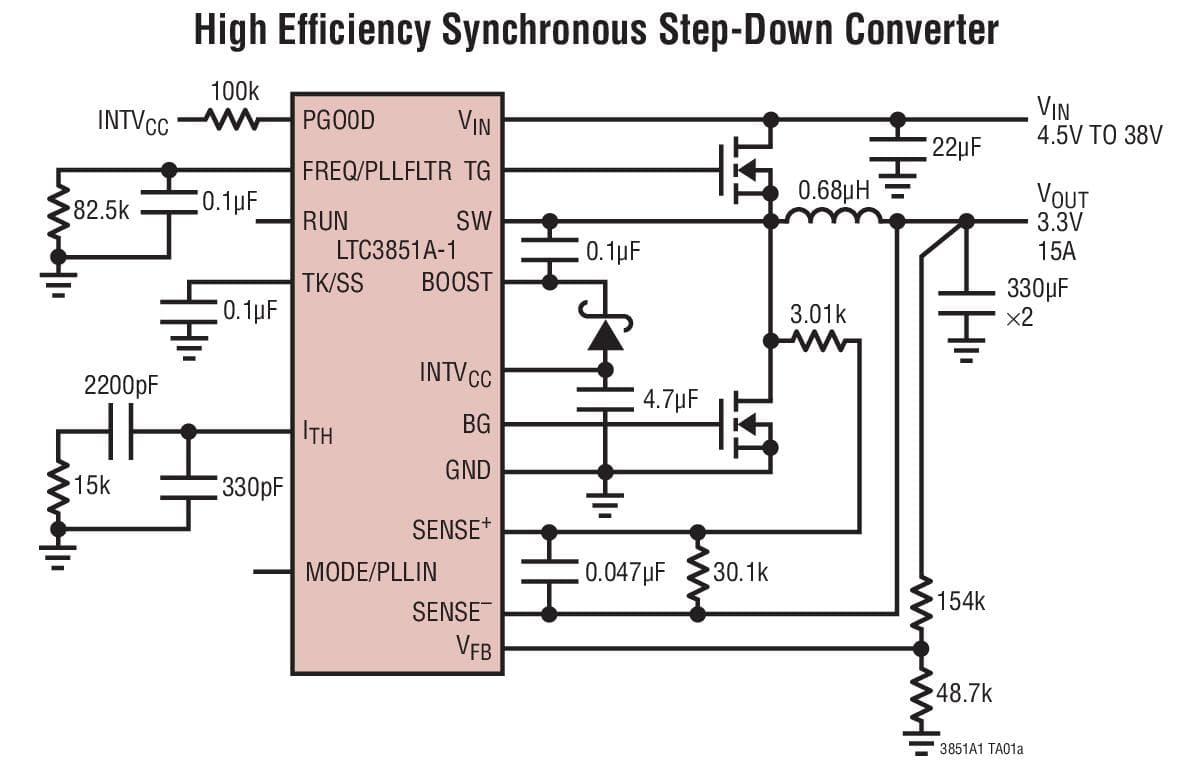 Typical Application for LTC3851A-1 - Synchronous Step-Down Switching Regulator Controller