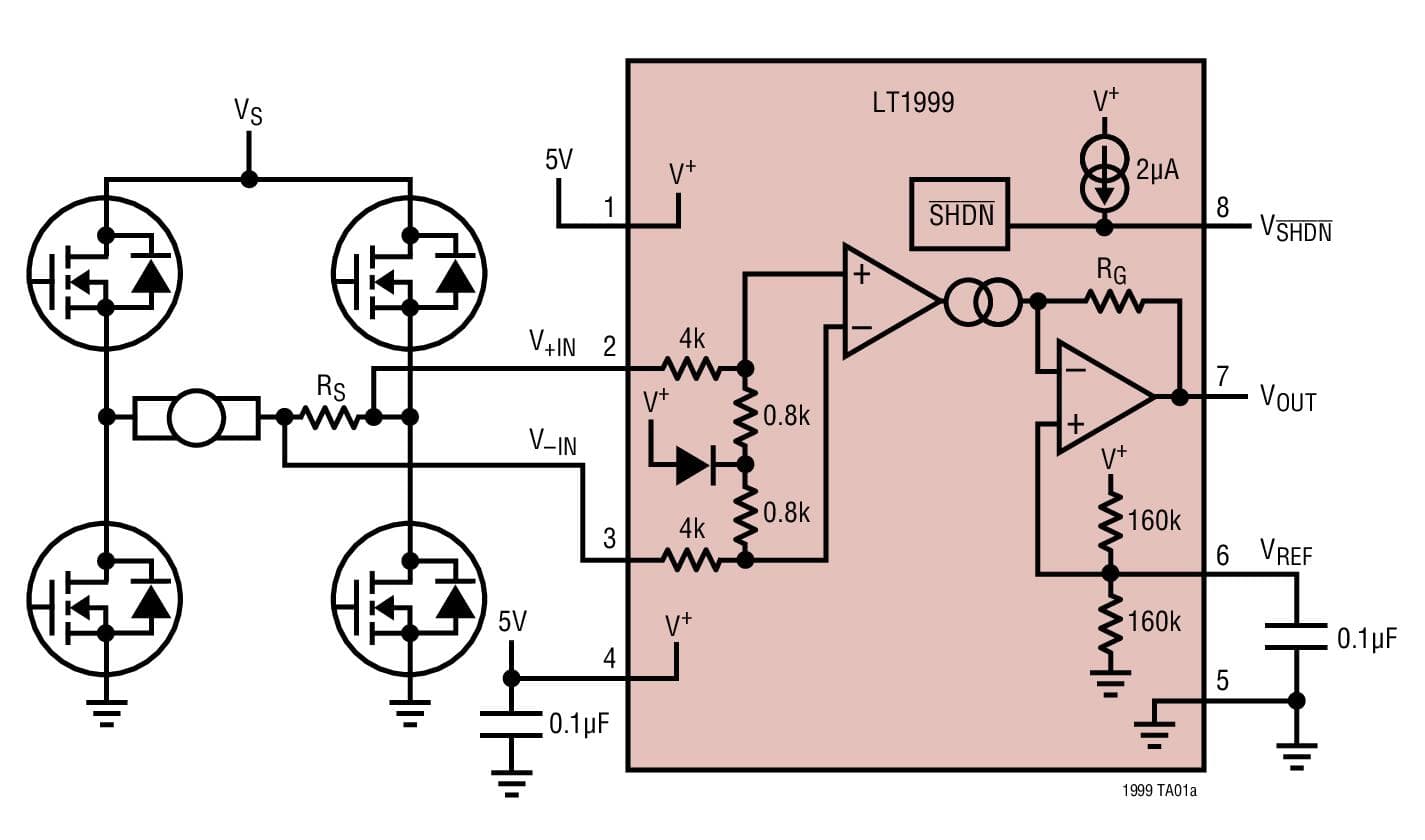 Typical Application for LT1999 - High Voltage, Bidirectional Current Sense Amplifier