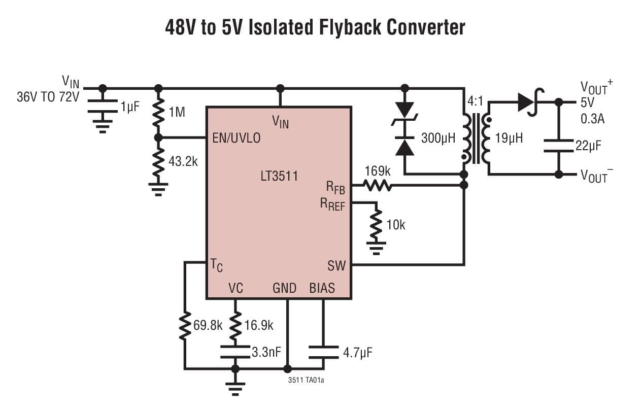 Typical Application for LT3511 - Monolithic High Voltage Isolated Flyback Converter