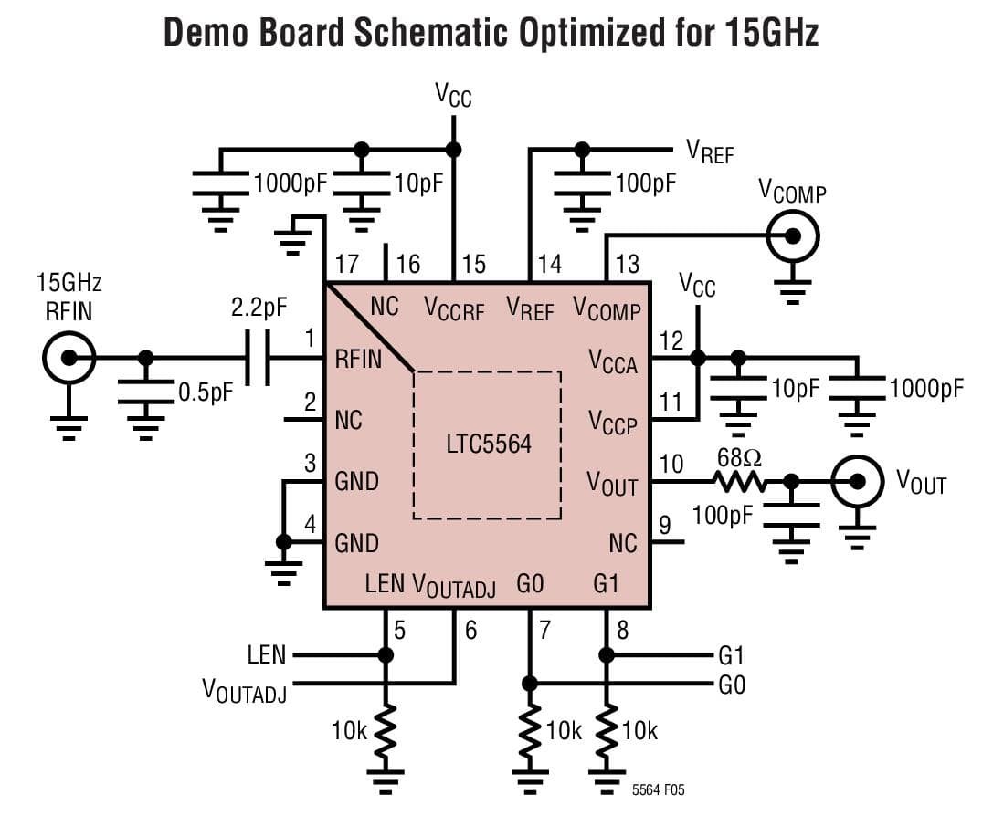 Typical Application for LTC5564 - Ultrafast 7ns Response Time 15GHz RF Power Detector with Comparator