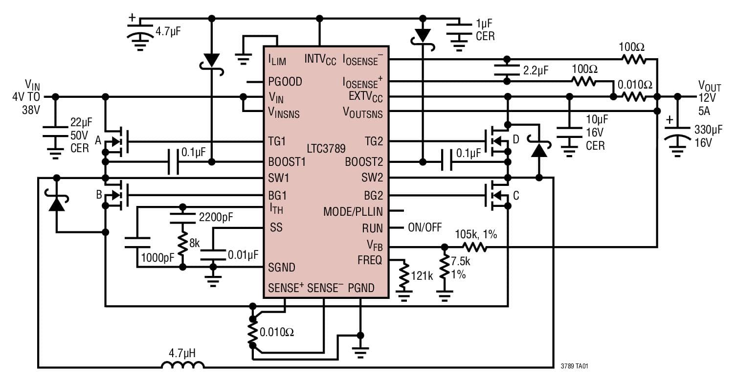 Typical Application for LTC3789 - High Efficiency, Synchronous, 4-Switch Buck-Boost Controller