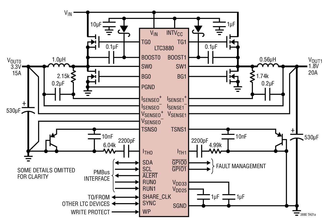 Typical Application for LTC3880 - Dual Output PolyPhase Step-Down DC/DC Controller with Digital Power System Management