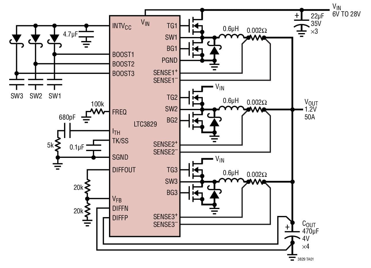 Typical Application for LTC3829 - 3-Phase, Single Output Synchronous Step-Down DC/DC Controller