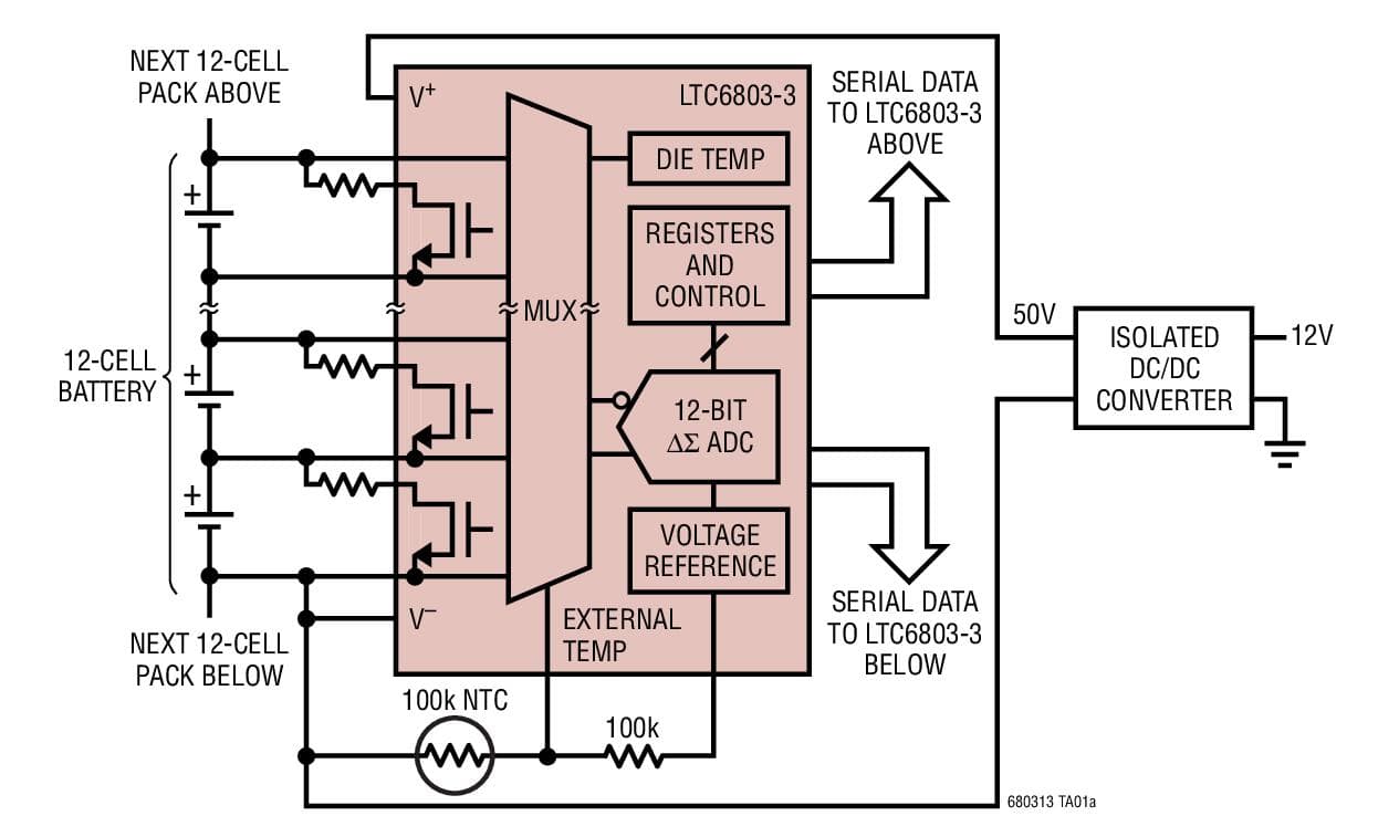 Typical Application for LTC6803-1 and -3 - multi-cell Battery Stack Monitor