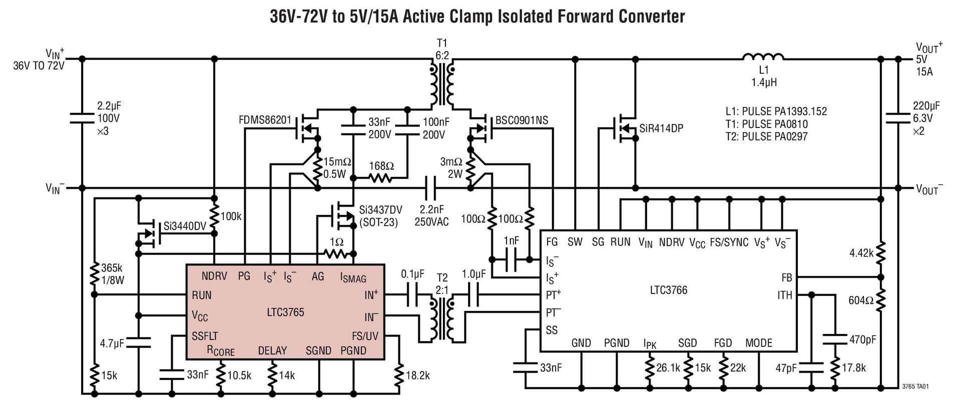 Typical Application for LTC3765 - Active Clamp forward Controller and Gate Driver