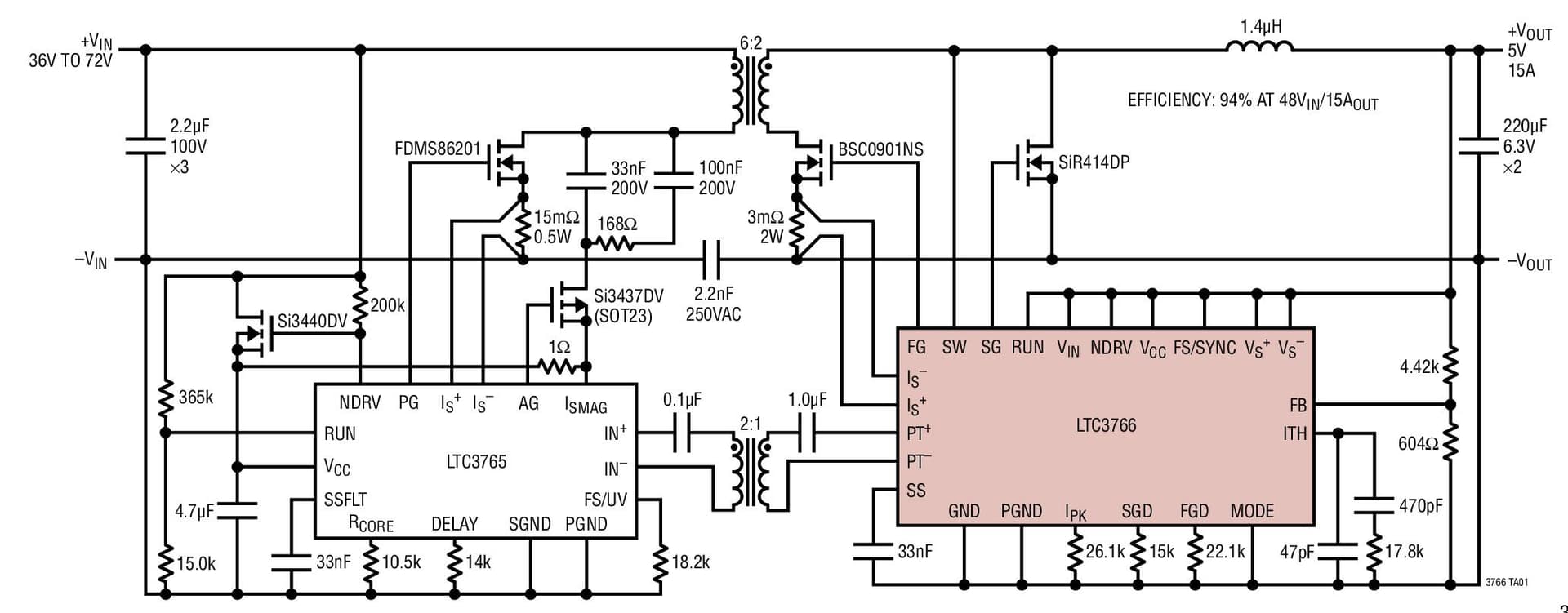 Typical Application for LTC3766 - High Efficiency, Secondary-Side Synchronous forward Controller