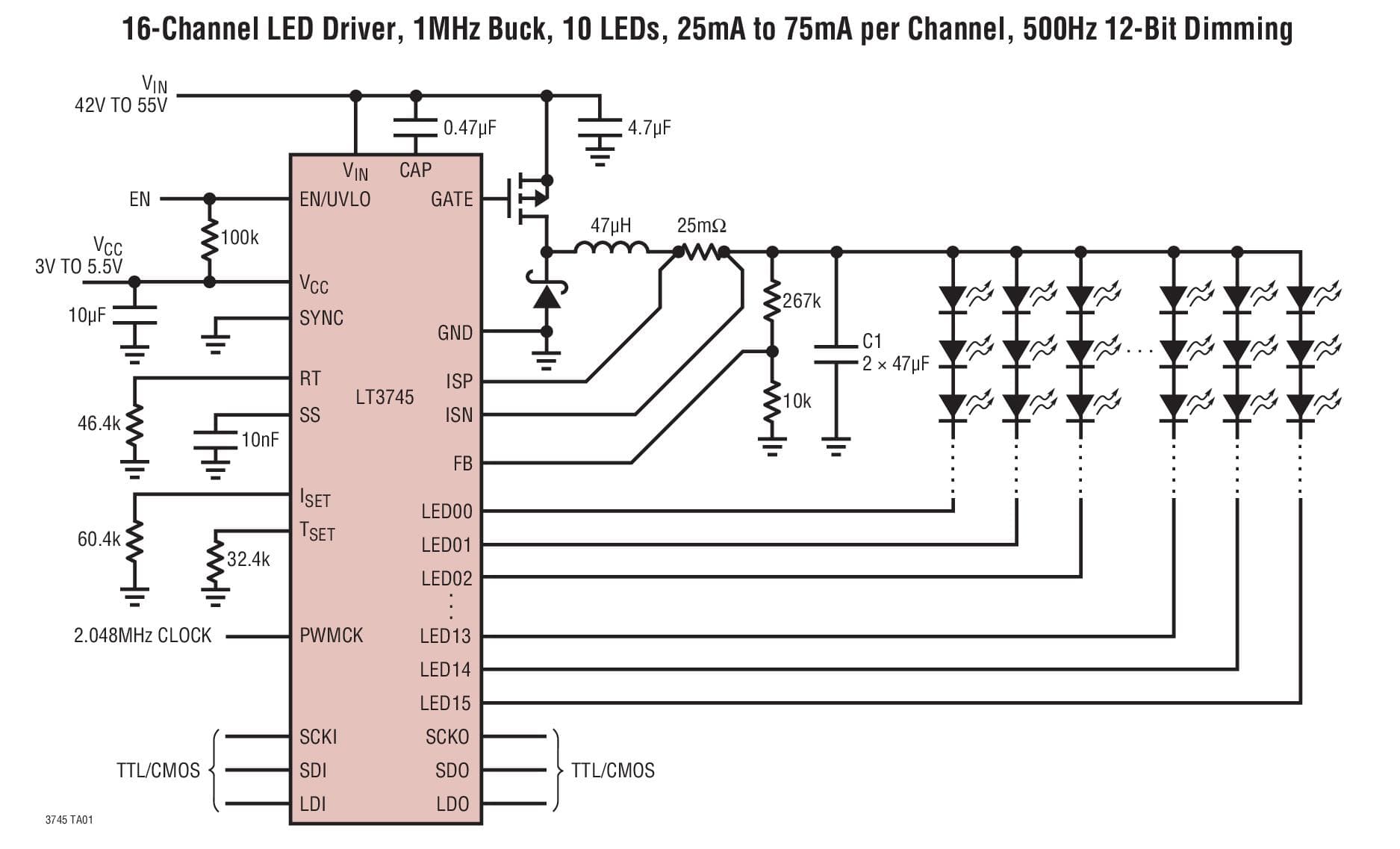 Typical Application for LT3745 16-Channel 50mA LED Driver with Buck Controller