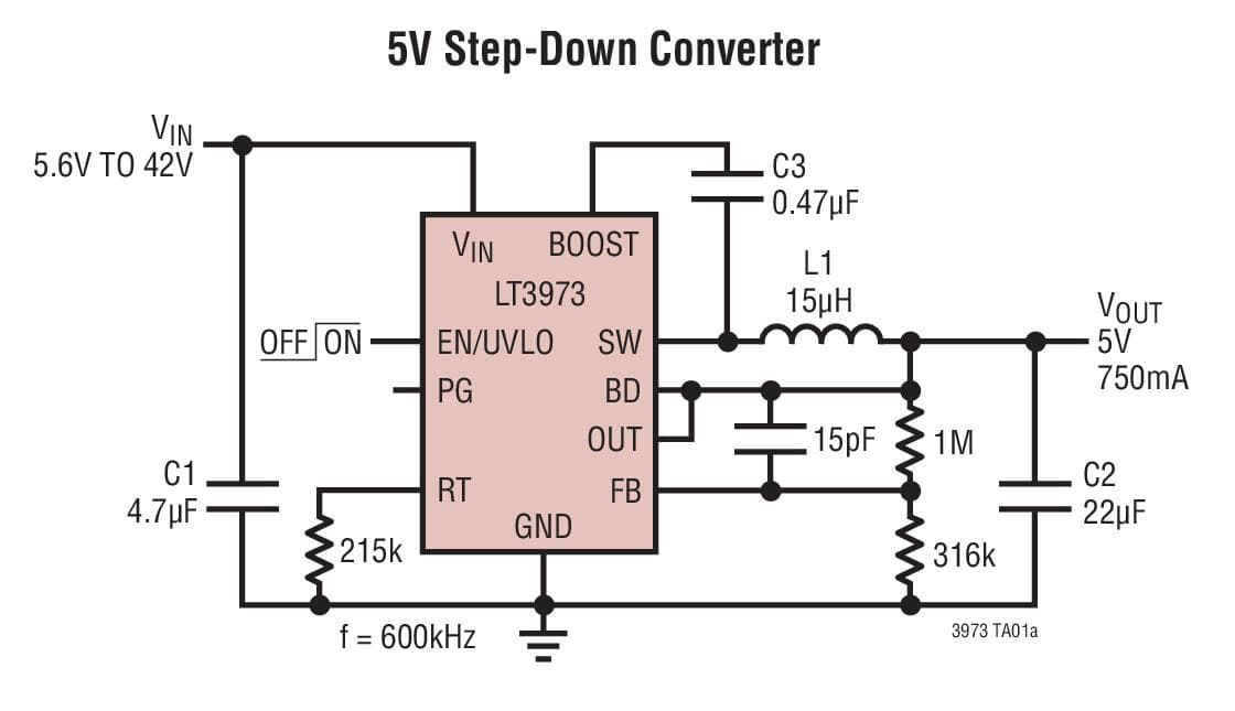 Typical Application for LT3973 - 42V, 750mA Step-Down Regulator with 2.5 uA Quiescent Current and Integrated Diodes