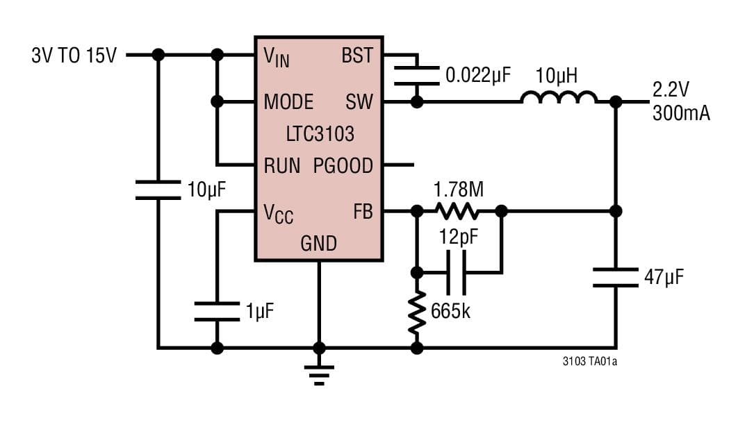 Typical Application for LTC3103 - 1.8 uA Quiescent Current, 15V, 300mA Synchronous Step-Down DC/DC Converter