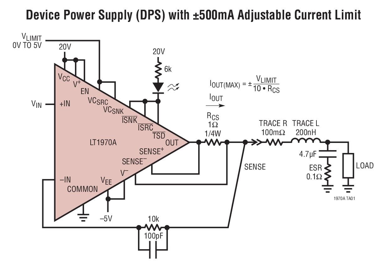 Typical Application for LT1970A - 500mA Power Op-Amp with Adjustable Precision Current Limit